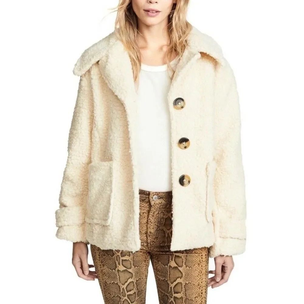 Free People Teddy Sherpa Jacket Ivory Button Front Cozy Coat Size M